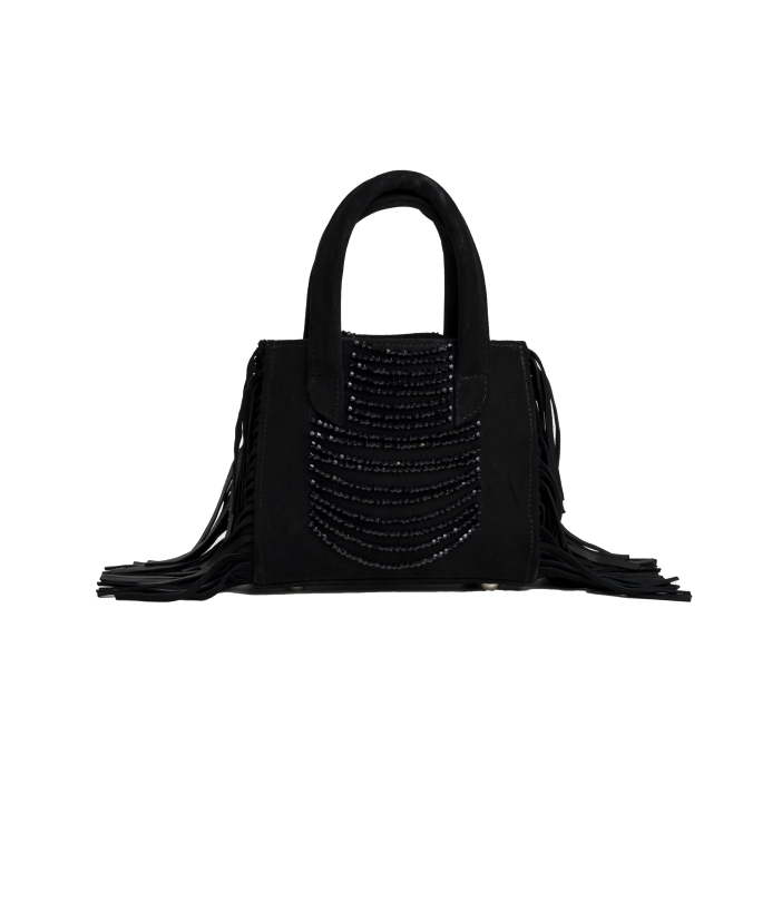 Beaded Fringed Mini Tote bag (Black suede)